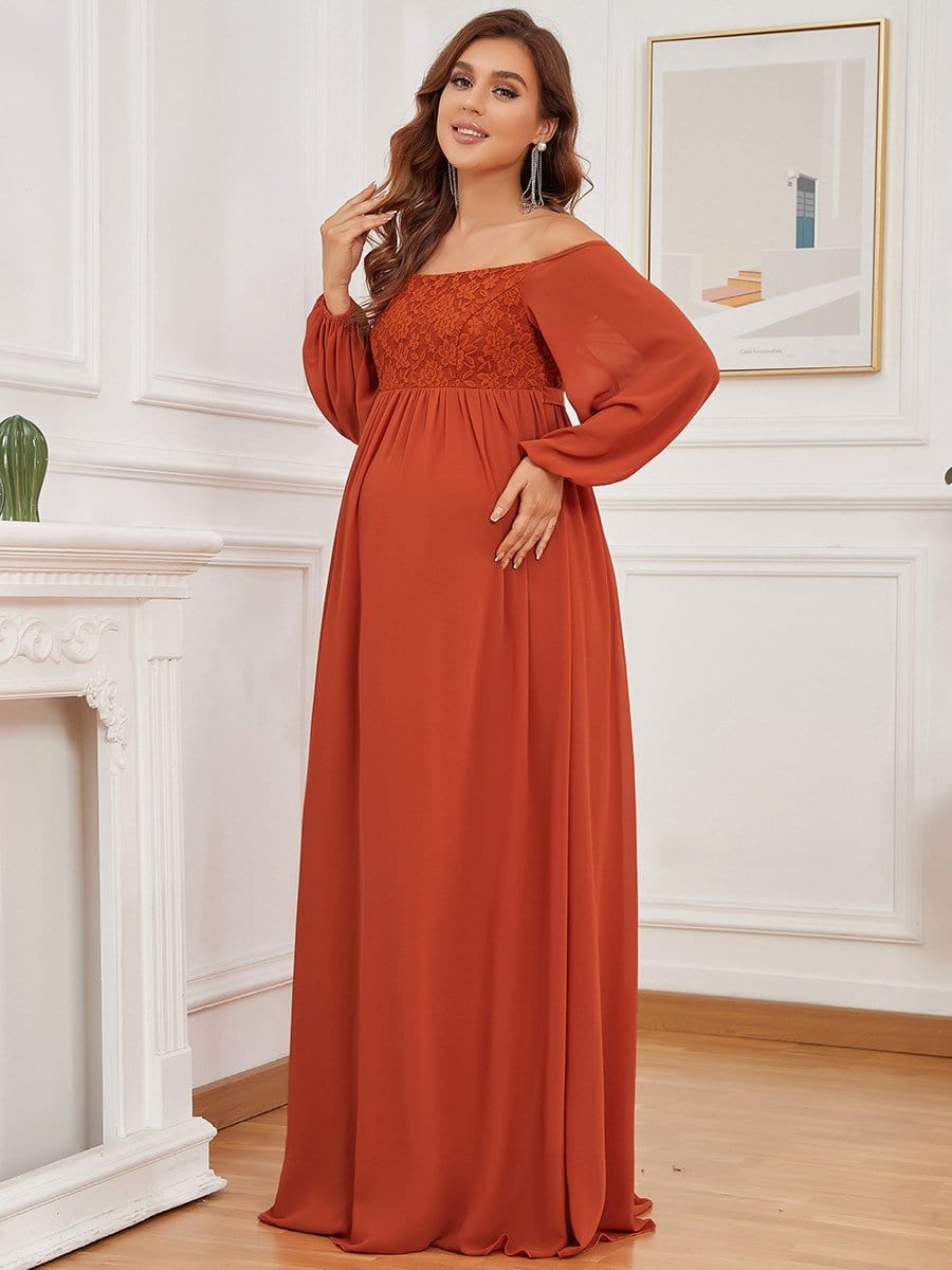 Off-Shoulder Sheer Lace Long Sleeve Maternity Dress
