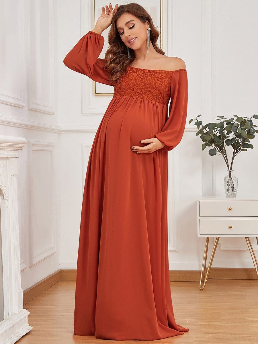 Off-Shoulder Sheer Lace Long Sleeve Maternity Dress