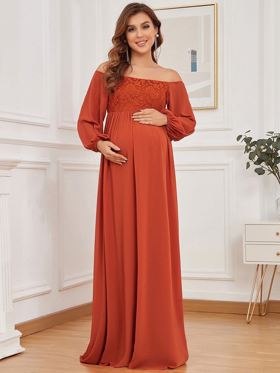 Off-Shoulder Sheer Lace Long Sleeve Maternity Dress