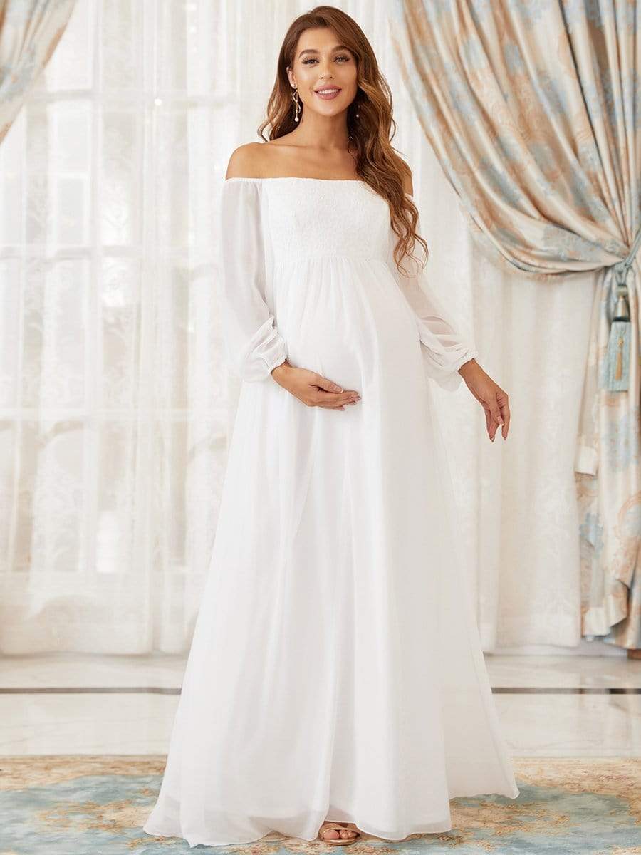Off-Shoulder Sheer Lace Long Sleeve Maternity Dress