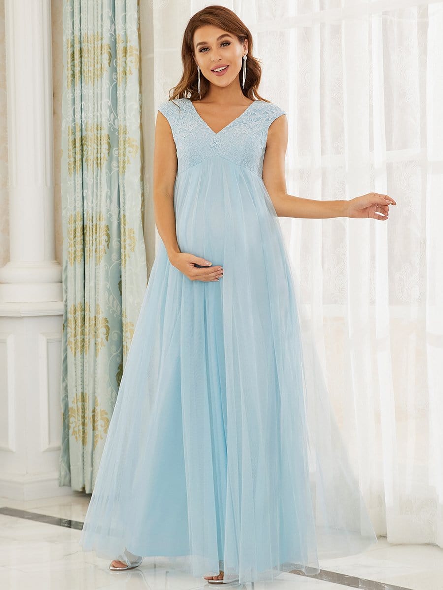 Color=Sky Blue | V-Neck Sleeveless Floor-Length Bridesmaid Maternity Dress-Sky Blue 1