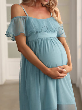 Sheer Ruffle Cold Shoulder Double Skirt Maternity Dress