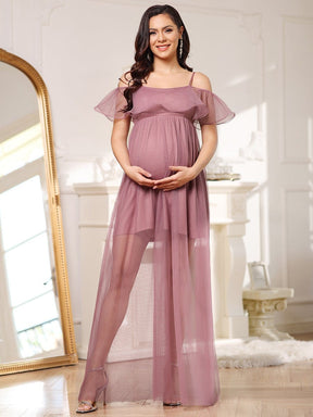 Sheer Ruffle Cold Shoulder Double Skirt Maternity Dress