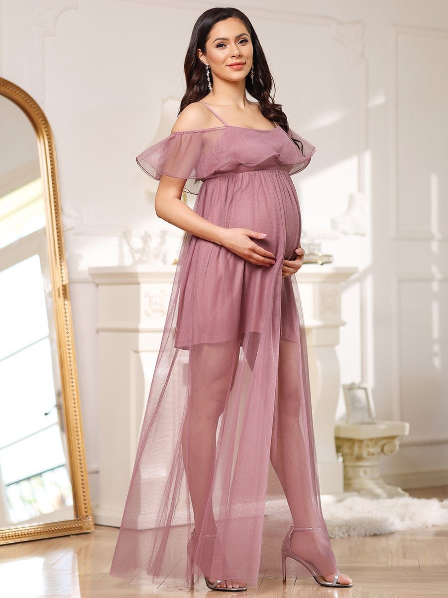 Sheer Ruffle Cold Shoulder Double Skirt Maternity Dress #color_Purple Orchid 