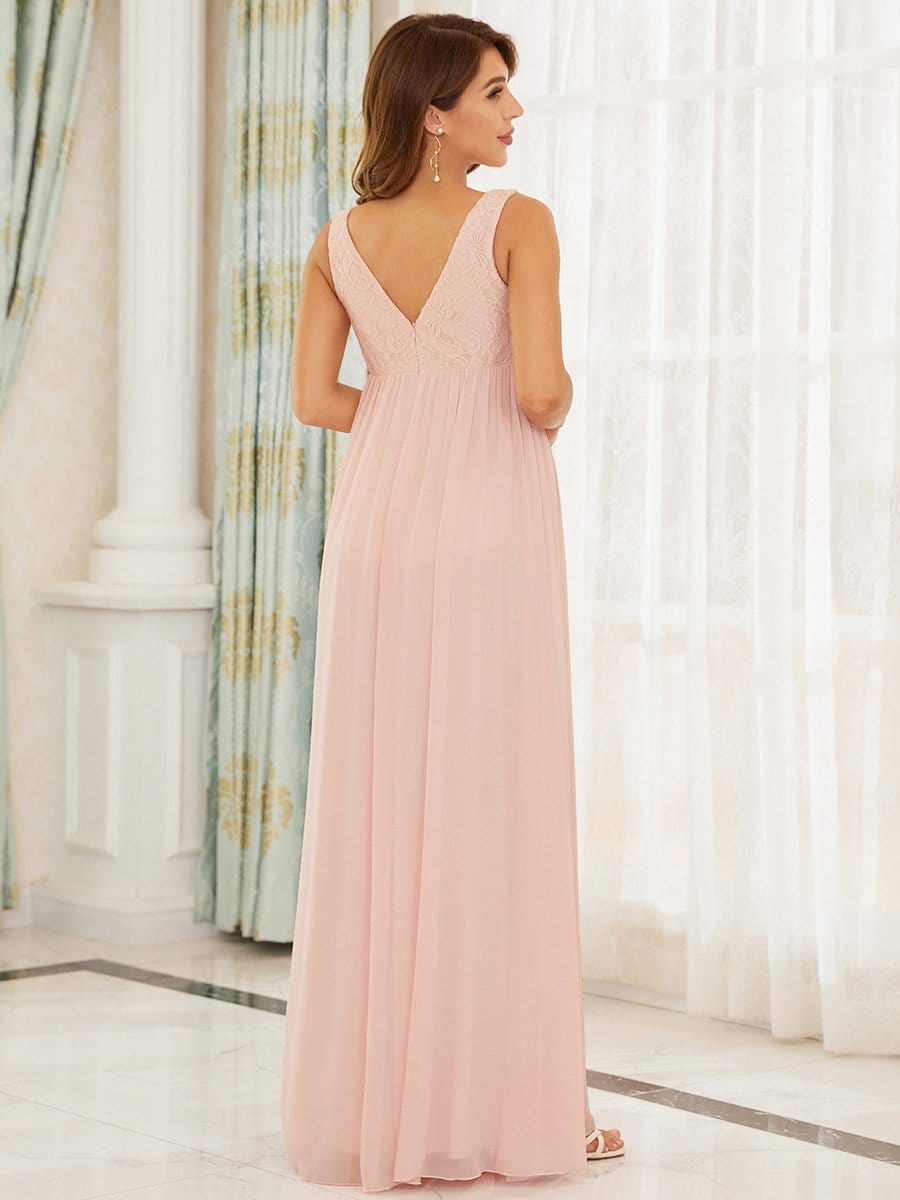 Color=Pink | V-Neck Lace Floor-Length A-Line Maternity Dress-Pink 2