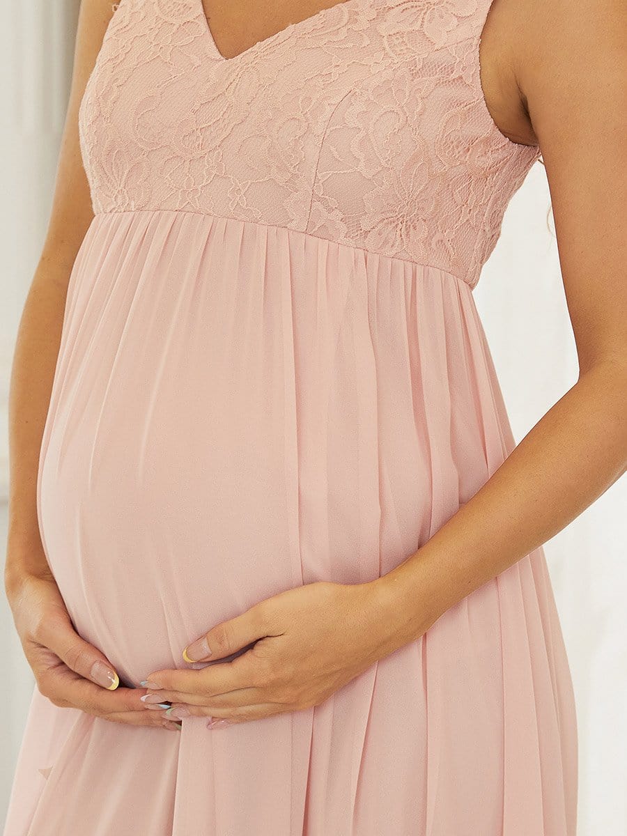 Color=Pink | V-Neck Lace Floor-Length A-Line Maternity Dress-Pink 3