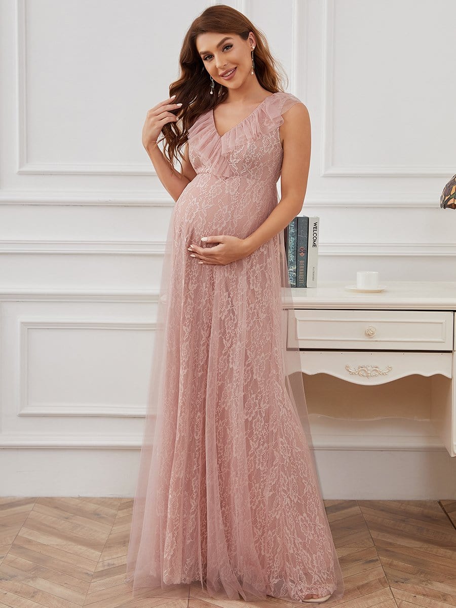 Floor Length Vintage Lace Ruffle Sleeve Maternity Dress #color_Pink 