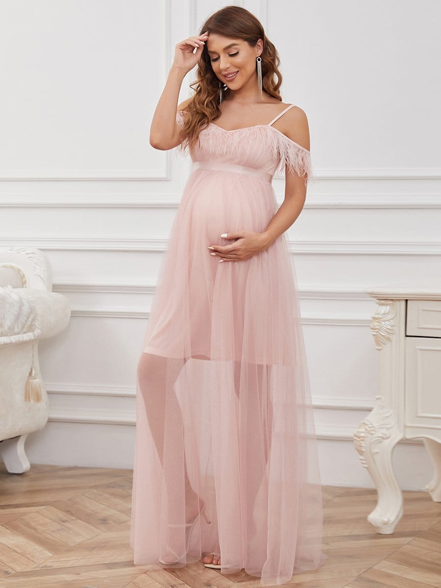 Feather Trim Cold Shoulder Double Skirt Maternity Dress