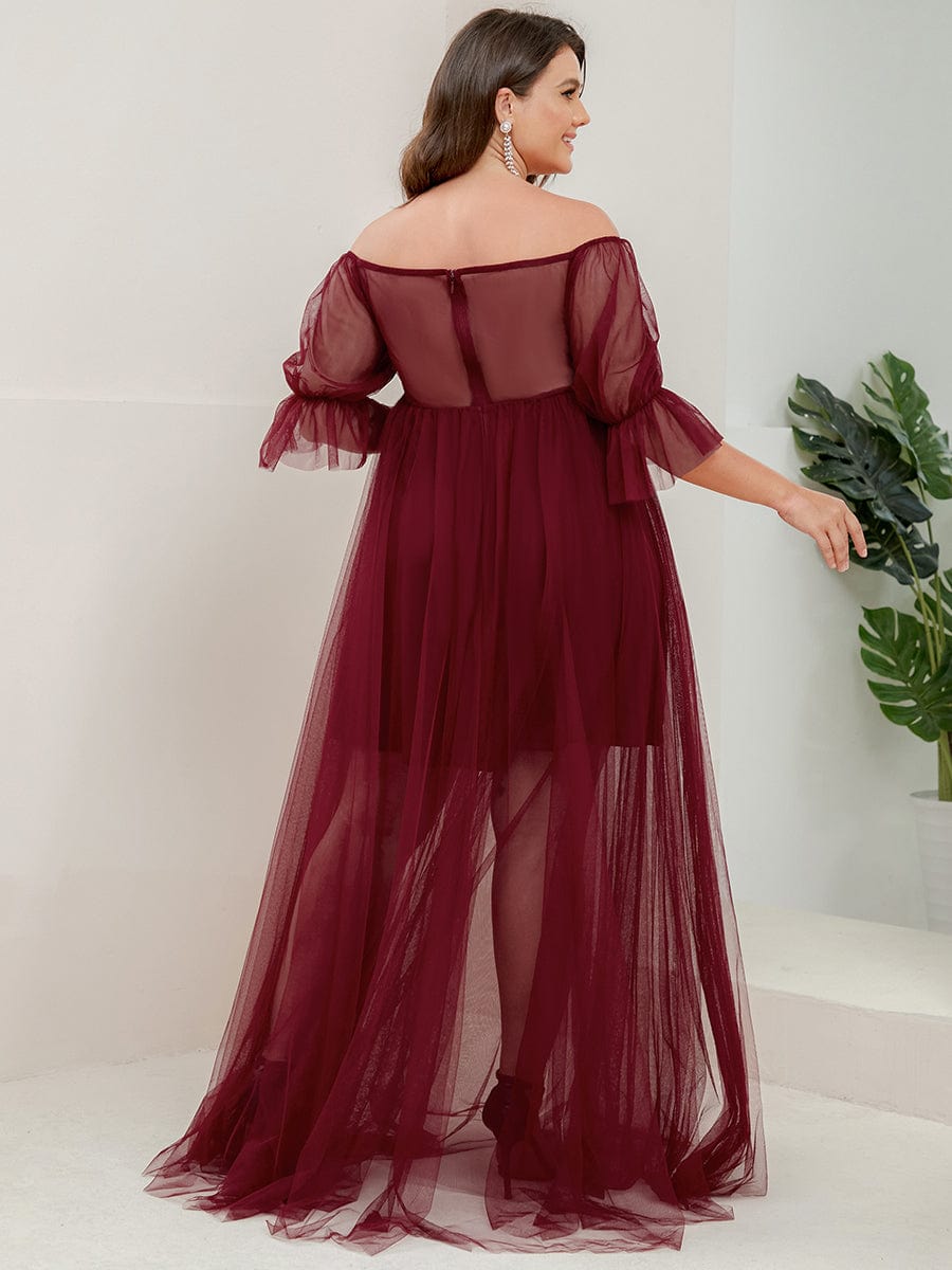 Plus Size Off-Shoulder Tulle Double Skirt Maxi Maternity Dress #color_Burgundy