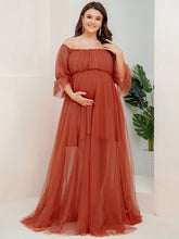 Plus Size Off-Shoulder Tulle Double Skirt Maxi Maternity Dress #color_Burnt Orange