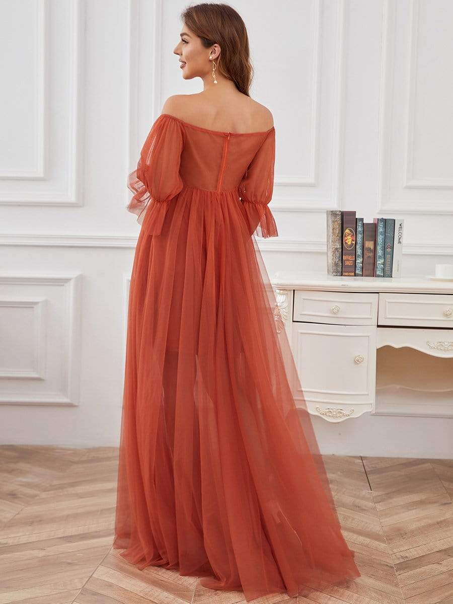 Sheer Off-Shoulder Double Skirt Maxi Maternity Dress #color_Burnt Orange