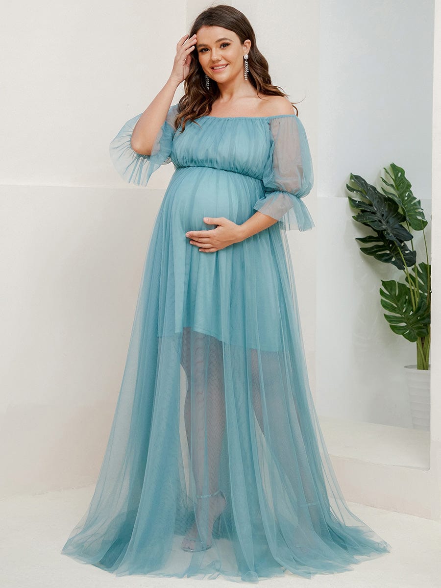 Plus Size Off-Shoulder Tulle Double Skirt Maxi Maternity Dress #color_Dusty Blue