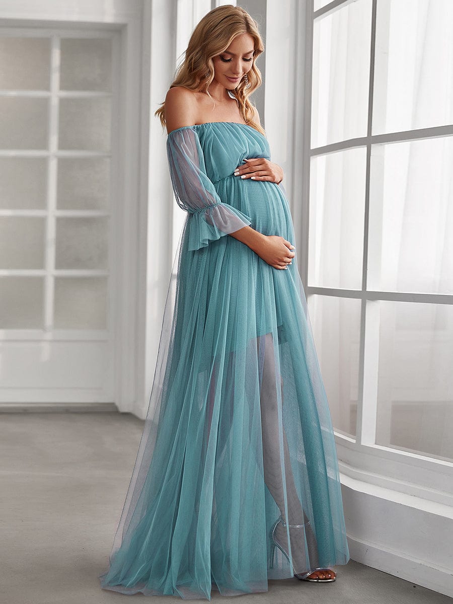 Off Shoulder Ruffle Top Maternity Maxi Dress - Maroon