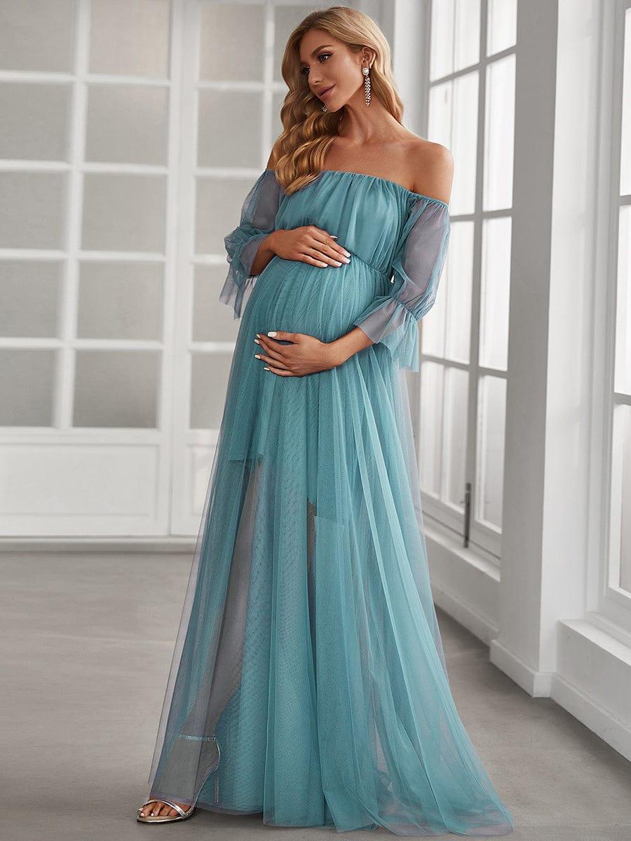 Sheer Off-Shoulder Double Skirt Maxi Maternity Dress