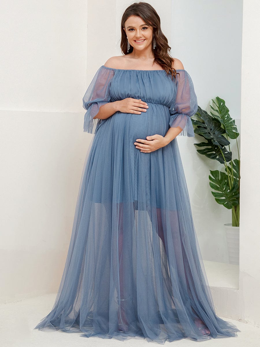 Plus Size Off-Shoulder Tulle Double Skirt Maxi Maternity Dress #color_Dusty Navy