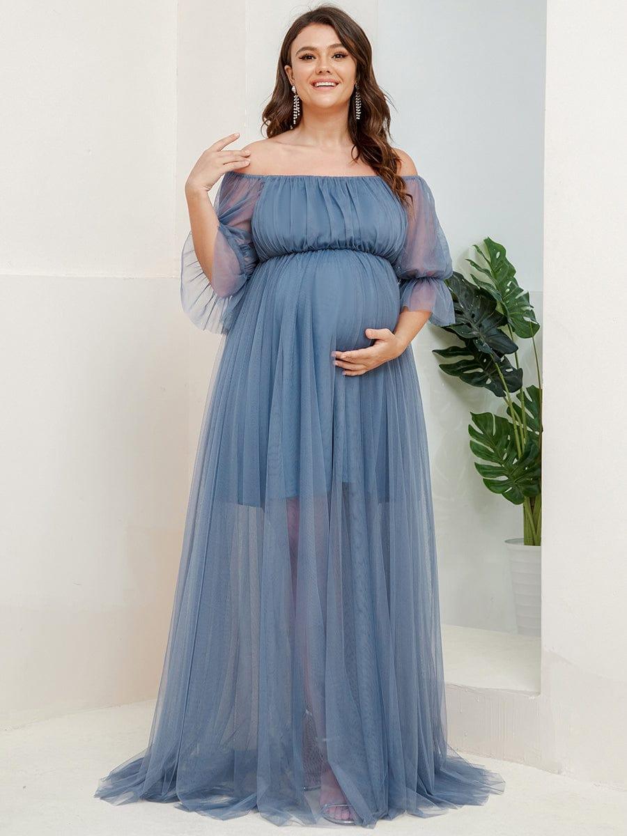 Plus Size Off-Shoulder Tulle Double Skirt Maxi Maternity Dress#color_Dusty Blue