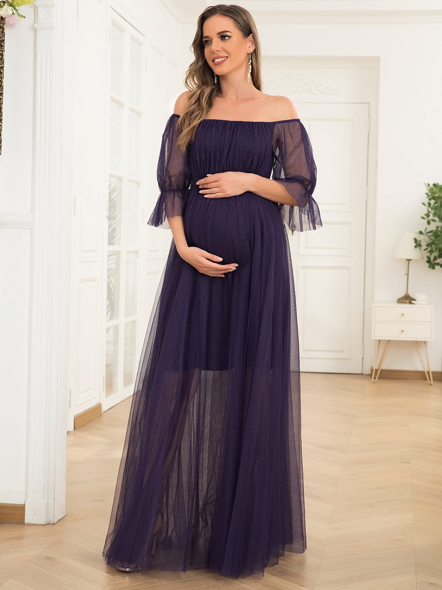 Sheer Off-Shoulder Double Skirt Maxi Maternity Dress #color_Dark Purple