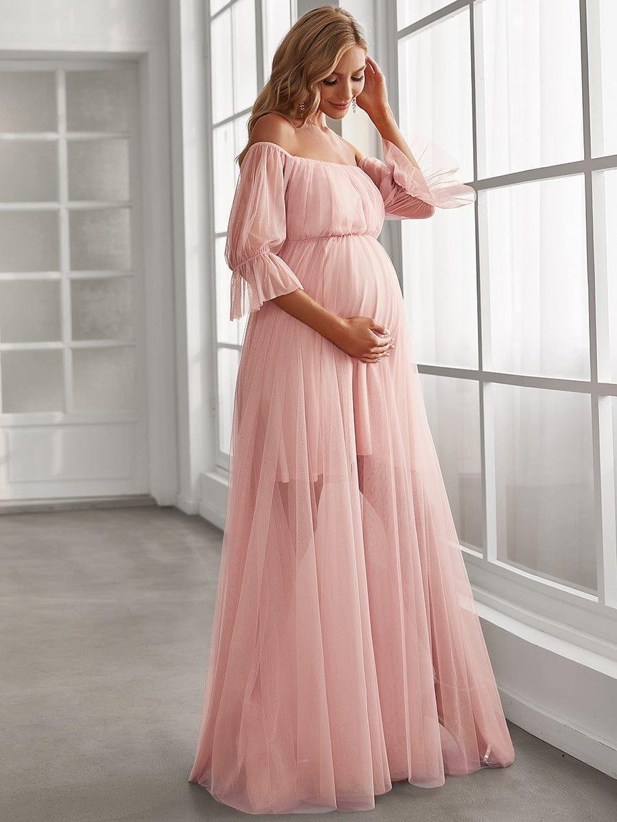 Sheer Off-Shoulder Double Skirt Maxi Maternity Dress