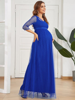 Color=Sapphire Blue | Long Sleeve Polka Dot Tulle Maternity Dress-Sapphire Blue 5