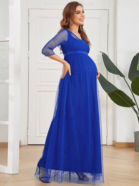 Color=Sapphire Blue | Long Sleeve Polka Dot Tulle Maternity Dress-Sapphire Blue 5