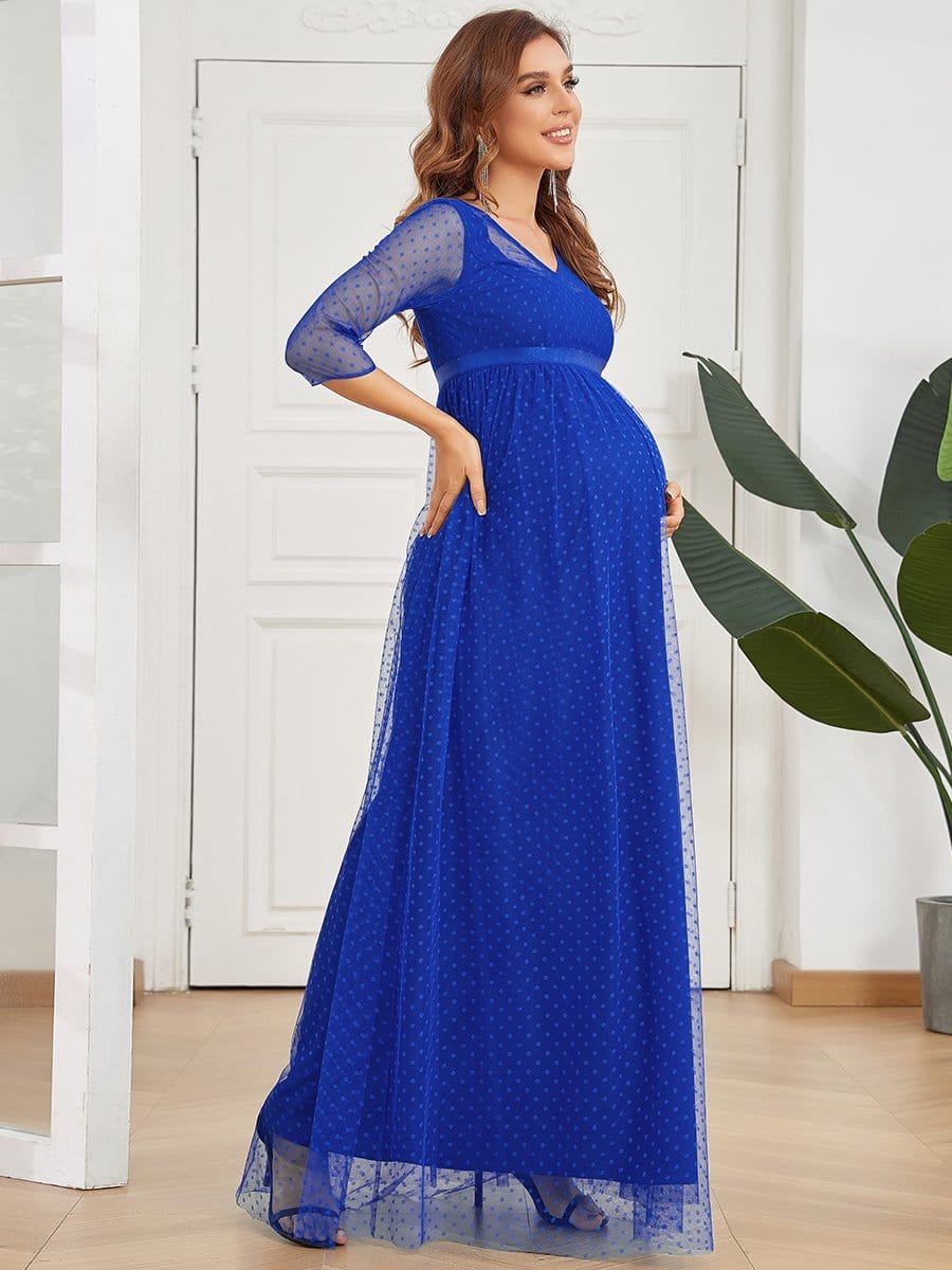 Color=Sapphire Blue | Long Sleeve Polka Dot Tulle Maternity Dress-Sapphire Blue 5