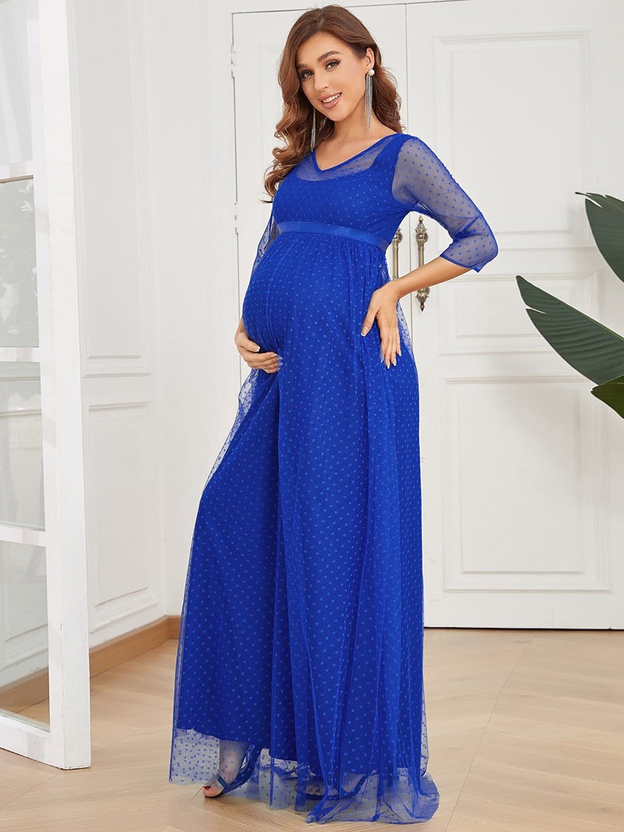 Color=Sapphire Blue | Long Sleeve Polka Dot Tulle Maternity Dress-Sapphire Blue 1