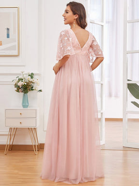 Color=Pink | Flutter Sleeve Floor-Length Embroidery Maternity Dress-Pink 2