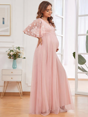 Color=Pink | Flutter Sleeve Floor-Length Embroidery Maternity Dress-Pink 4