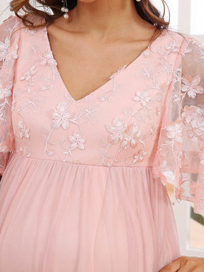 Color=Pink | Flutter Sleeve Floor-Length Embroidery Maternity Dress-Pink 3