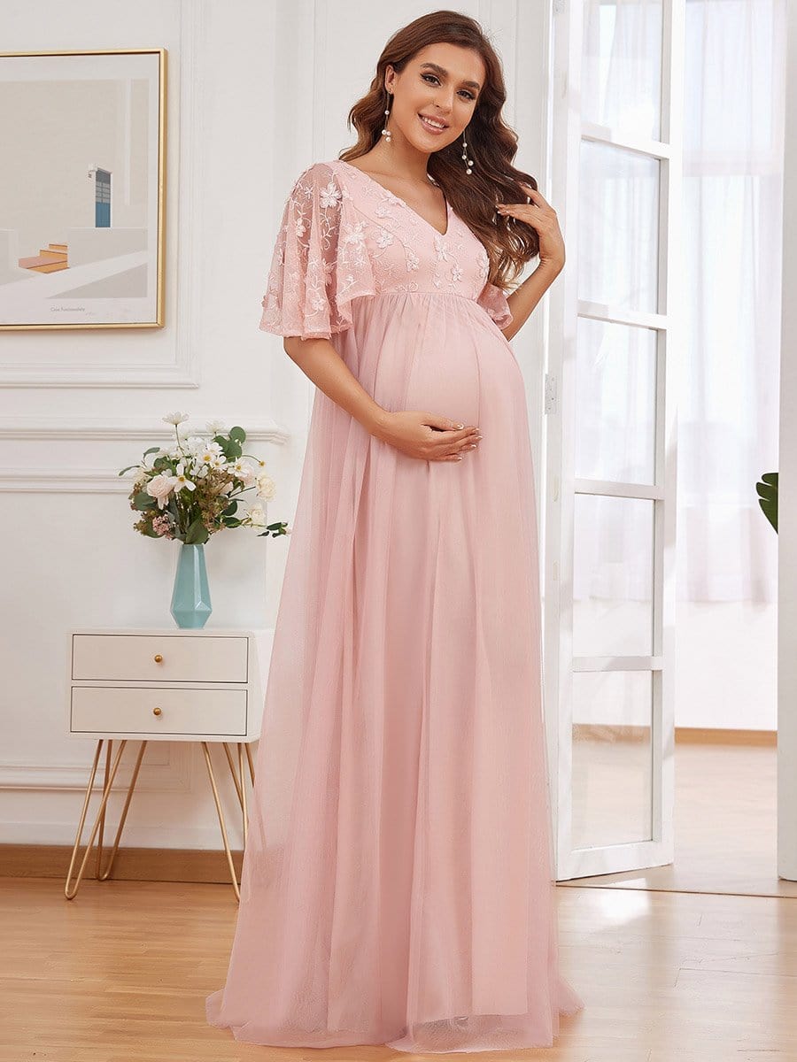 Color=Pink | Flutter Sleeve Floor-Length Embroidery Maternity Dress-Pink 1