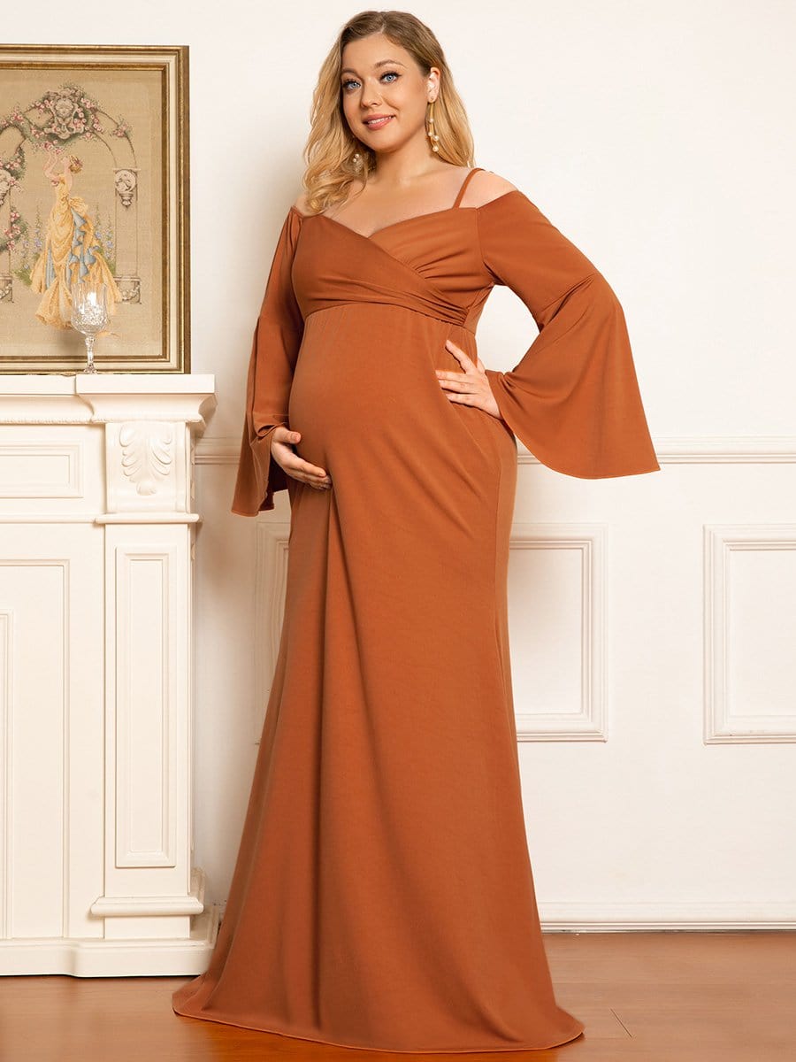 Color=Burnt Yellow | Plus Size Long Sleeve Cold Shoulder Fishtail Maternity Dress-Burnt Yellow 1