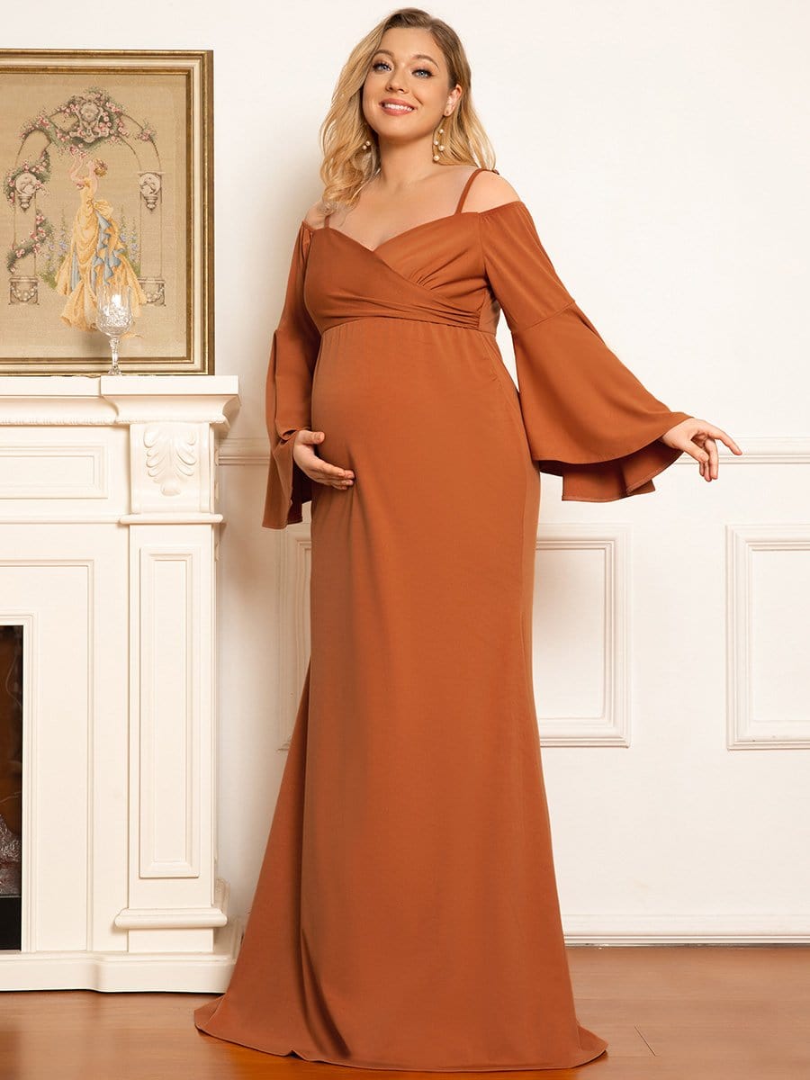 Color=Burnt Yellow | Plus Size Long Sleeve Cold Shoulder Fishtail Maternity Dress-Burnt Yellow 5