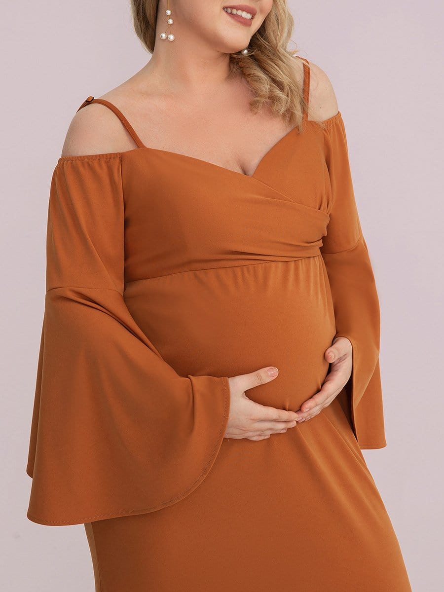 Color=Burnt Yellow | Plus Size Long Sleeve Cold Shoulder Fishtail Maternity Dress-Burnt Yellow 3