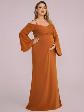 Color=Burnt Yellow | Plus Size Long Sleeve Cold Shoulder Fishtail Maternity Dress-Burnt Yellow 6