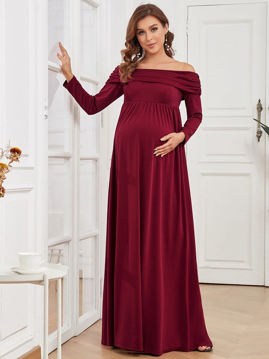 Color=Burgundy | Empire Waist Long Sleeve A-Line Bump Friendly Dress-Burgundy 5
