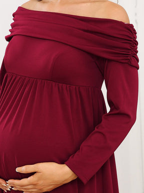 Color=Burgundy | Empire Waist Long Sleeve A-Line Bump Friendly Dress-Burgundy 3