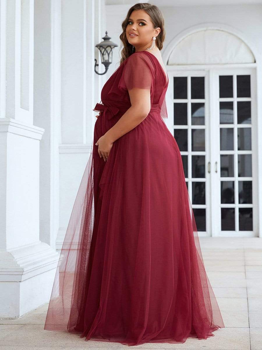Plus Size Empire Waist Formal Maternity Dresses with Sleeves #color_Burgundy