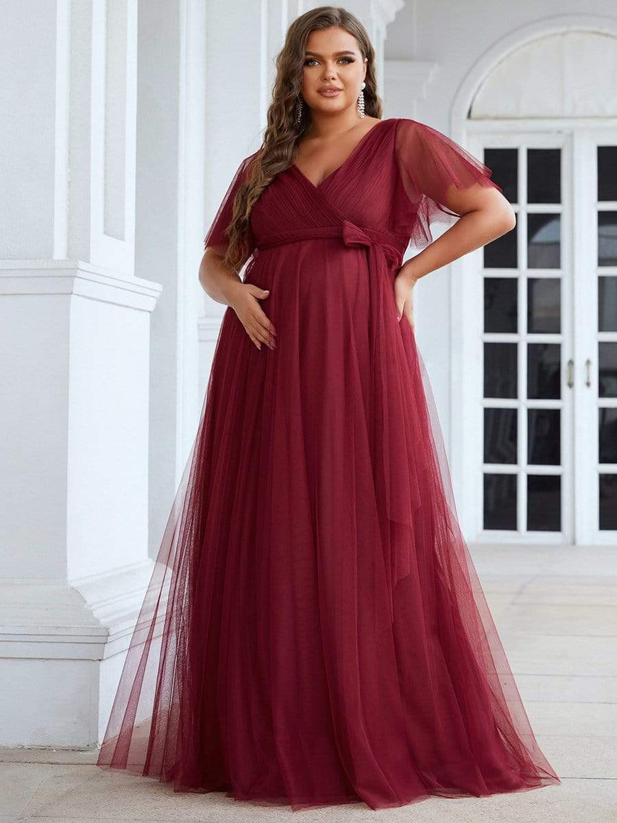 Plus Size Empire Waist Formal Maternity Dresses with Sleeves #color_Burgundy