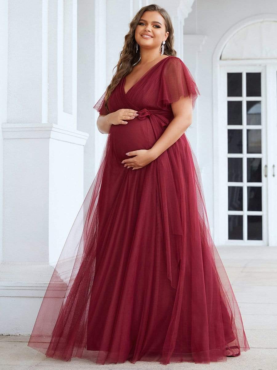 Plus Size Empire Waist Formal Maternity Dresses with Sleeves #color_Burgundy