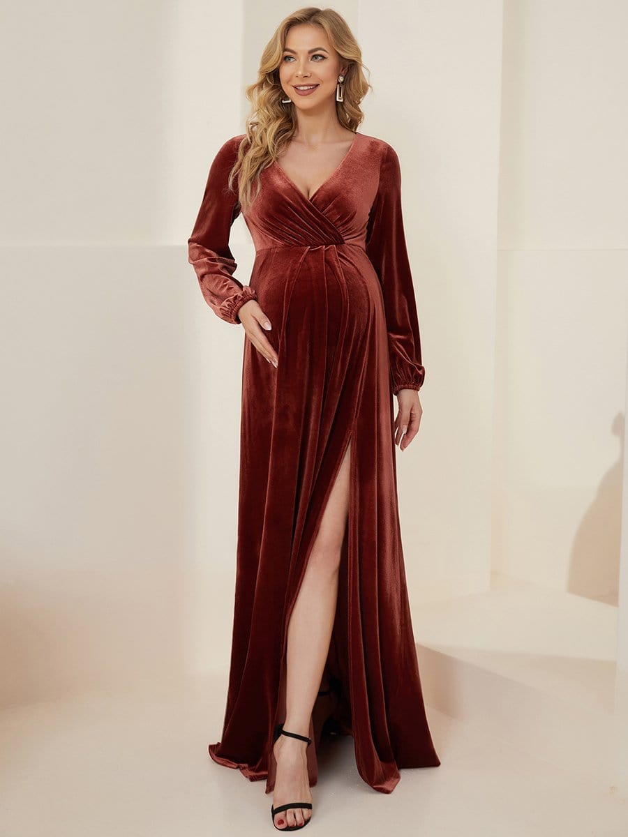 Long Sleeve Velvet V-Neck Front Slit Floor-Length Bump Friendly Dress #color_Brick Red 
