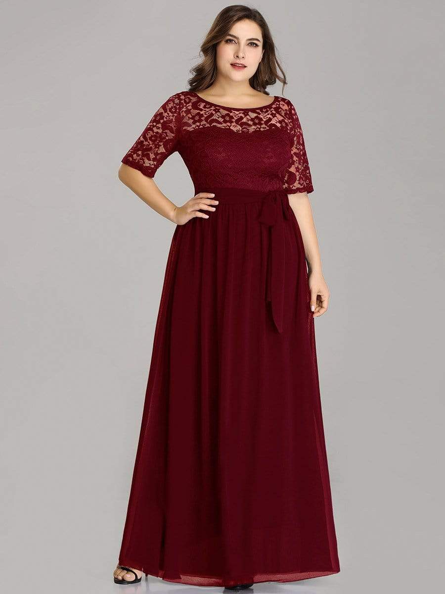 Floral Lace Plus Size Long Formal Dresses With Waistband #color_Burgundy 