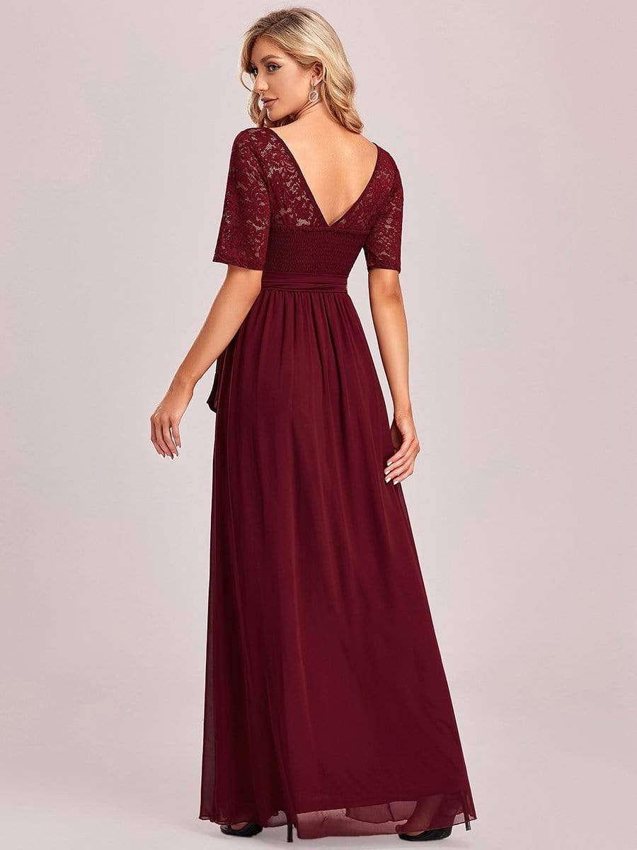 Elegant Lace Bodice Chiffon Maxi Evening Dress with Belt #color_Burgundy 