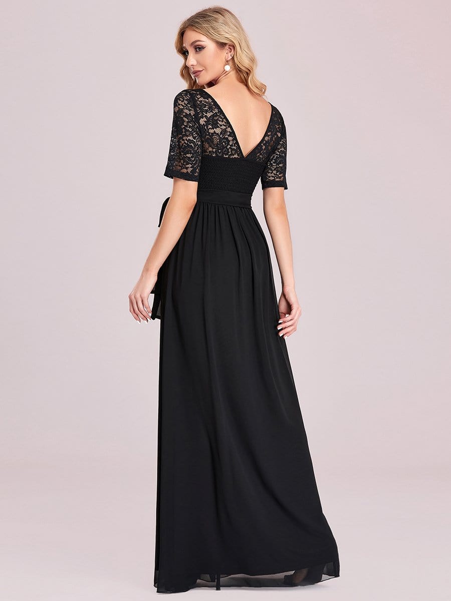 Elegant Lace Bodice Chiffon Maxi Evening Dress with Belt #color_Black 