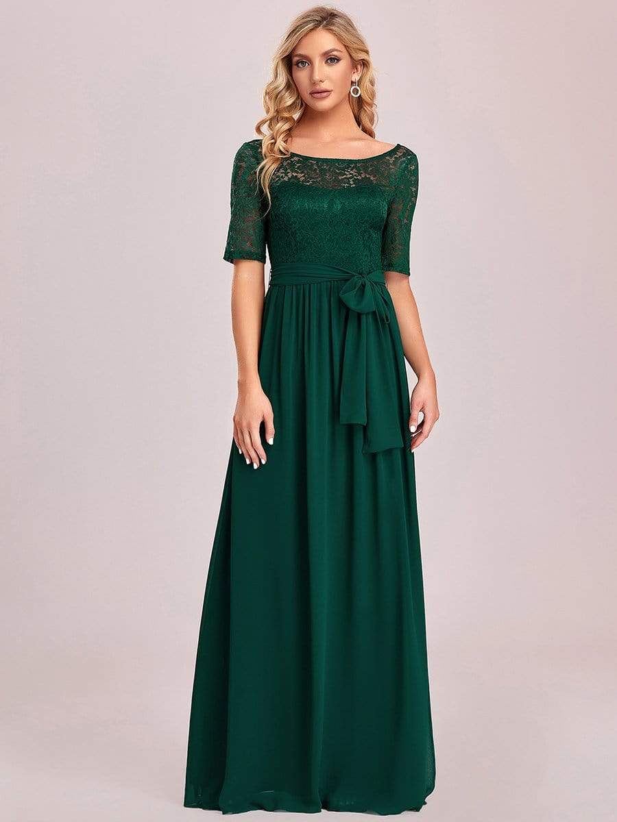 Elegant Lace Bodice Chiffon Maxi Evening Dress with Belt #color_Dark Green 