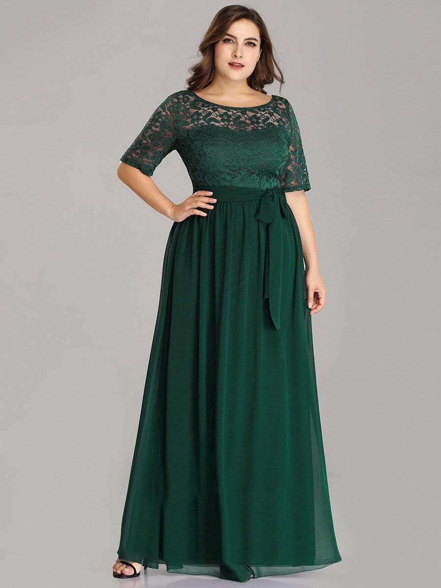 Floral Lace Plus Size Long Formal Dresses With Waistband #color_Dark Green 