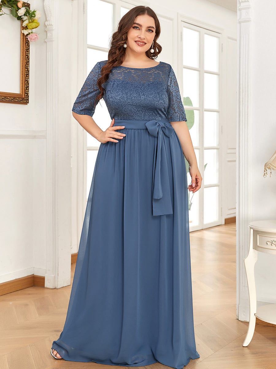 Maxi Long Lace Illusion Plus Size Mother Of the Bride Dresses #color_Dusty Navy 