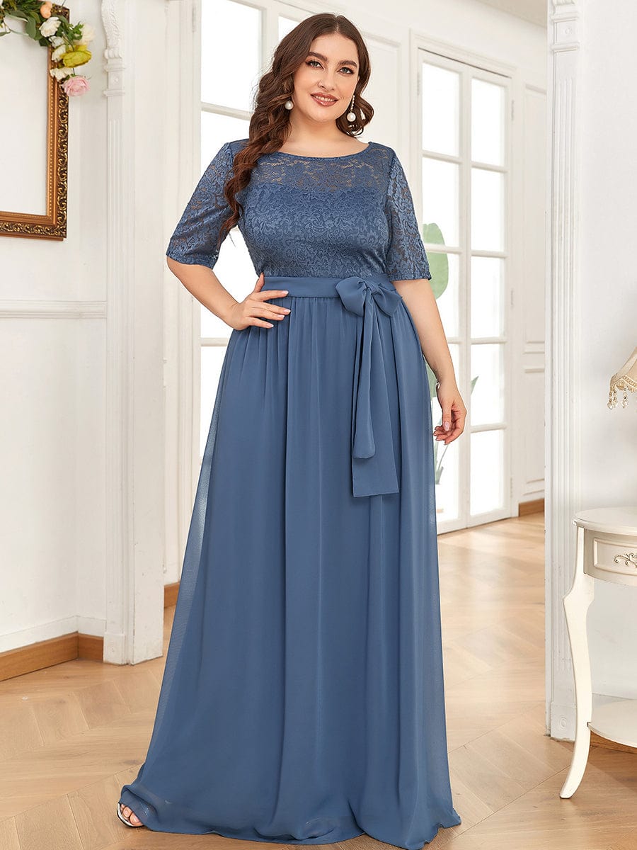 Floral Lace Plus Size Long Formal Dresses With Waistband #color_Dusty Navy 