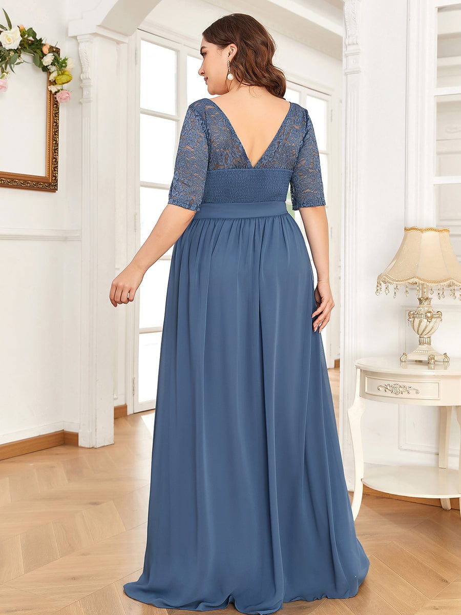 Floral Lace Plus Size Long Formal Dresses With Waistband #color_Dusty Navy 