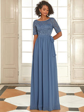 Elegant Lace Bodice Chiffon Evening Dress with Belt #color_Dusty Navy 