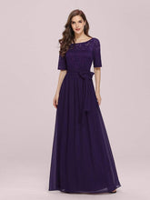 Elegant Lace Bodice Chiffon Maxi Evening Dress with Belt #color_Dark Purple 